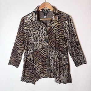 Ali‎ Miles Animal Print Button Tunic Top Brown Velvet Burnout Glam Sz M Petite